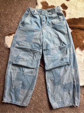 Free People Newbies Slouchy Wide Leg Checkered Button-Fly Barrel Jeans